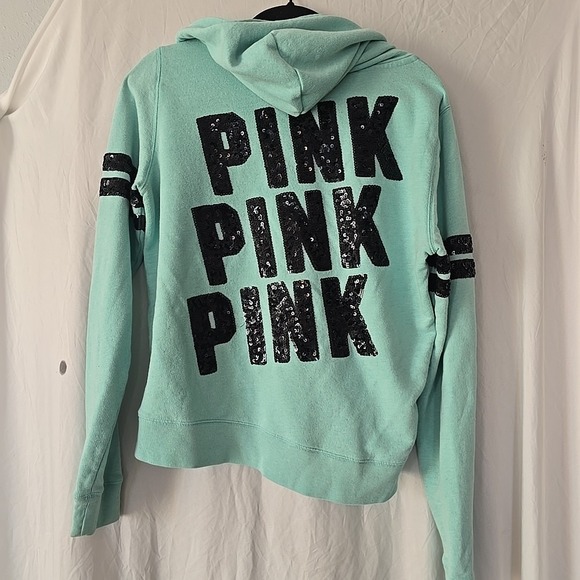 Victoria's Secret Pink Sequin Bling Perfect Zip Hoodie Aqua Sz L Y2K 90s Vibes - Picture 7 of 16